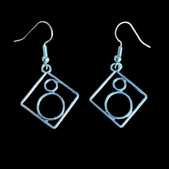 Geometric Square & Circle Dangle Earrings - Aged Silver Finish, Vintage Style - Picture 9 of 9